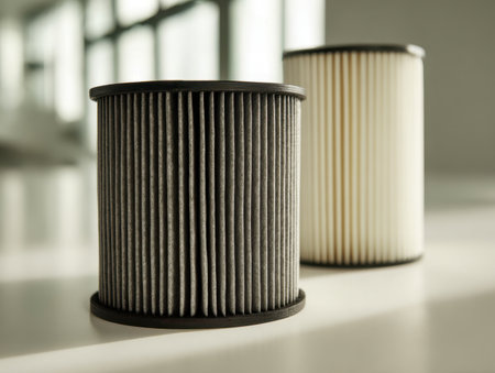A worn, darkened car filter alongside a pristine, white replacement highlight the importance of timely maintenance for optimal engine performance and clean air flow.の写真素材