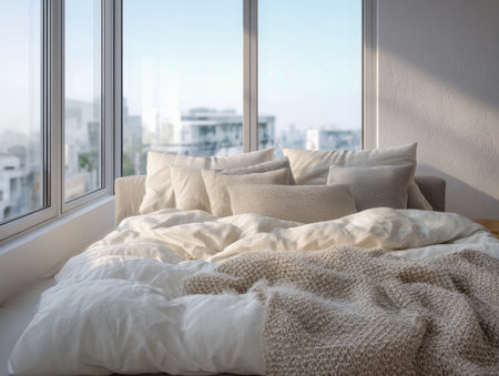 A tranquil retreat featuring soft cushions and a textured blanket beside expansive windows, basking in warm morning light and overlooking a bustling city skyline.の写真素材