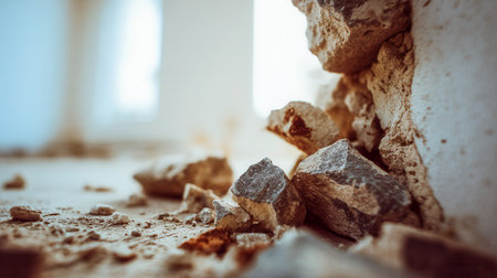 Sunlit remnants of a deteriorated structure, featuring fractured concrete and debris strewn across a dusty surface, evoking decay and abandoned solitude.の写真素材