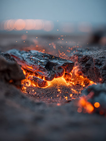 Warm sparks rise from smoldering logs resting in soft sand, casting a gentle glow against a dusky, smoky sky in a peaceful outdoor ambiance.の写真素材