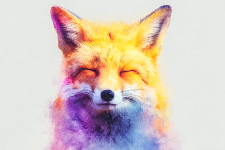 A serene fox with vivid hues, softly closed eyes, and delicate splash details evoke a perfect harmony of wildlife elegance and artistic creativity.の写真素材