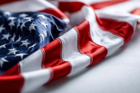 An intricate close-up highlights the textured folds of a patriotic banner, emphasizing the vivid hues and delicate fabric weave against a subtle background.の写真素材