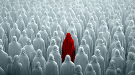 A solitary figure in a vivid red cloak commands attention amid a sea of white-robed figures, illustrating individuality and the power of standing out in a uniform enの写真素材