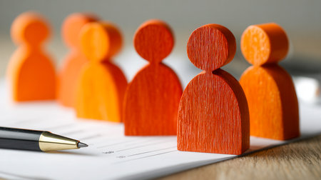Colorful wooden figurines gather on a strategic document, with a pen nearby, illustrating unity and joint effort in planning and business success against a warm woodの写真素材
