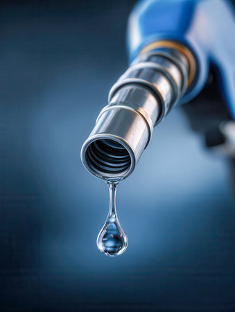 A detailed shot of a fuel dispenser's nozzle holding a solitary transparent droplet, emphasizing sustainability and eco-conscious energy use.の写真素材
