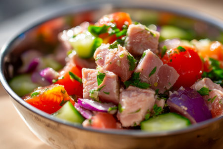 A vibrant mosaic of flaky tuna, ripe cherry tomatoes, crunchy cucumber slices, and red onion rings, adorned with fresh herbs, creating an inviting and nutritious disの写真素材