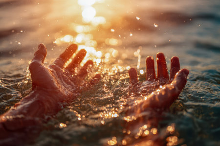 Warm sunlight dances on gentle sea waves as fingertips dip into sparkling water, evoking tranquility and serenity during a picturesque golden hour.の写真素材