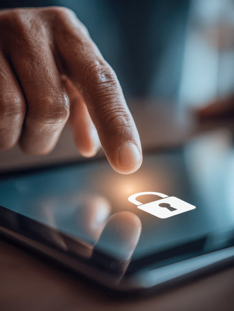A hand gently taps a sleek tablet, illuminating a bright lock icon that signifies safeguarding information and ensuring secure digital engagement.の写真素材