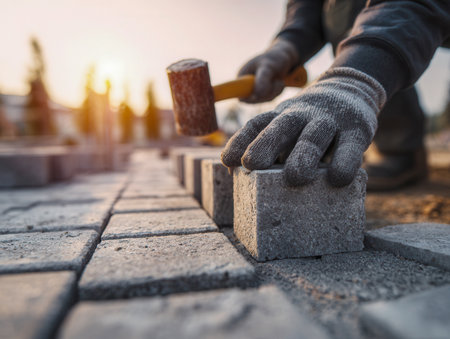 A skilled craftsman gently secures textured stone tiles, blending precision and artistry as warm sunset light highlights the outdoor workspace and creates a peacefulの写真素材