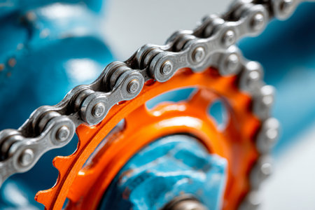 Close-up of a bicycle's mechanical precision, showcasing a metallic chain meshing seamlessly with a bold orange gear against a sleek blue frame, highlighting craftsmの写真素材