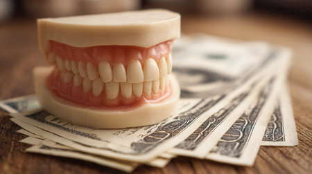 A dental prosthetic replica rests atop a spread of us currency notes on a rustic wooden table, highlighting the financial considerations and value associated with deの写真素材