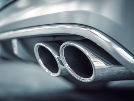 Sleek chrome exhaust outlets showcase expert craftsmanship, with reflective surfaces emphasizing contemporary automotive styling and precision engineering.の写真素材