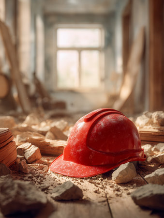 A weathered red helmet rests on weathered planks amid scattered rubble, bathed in soft daylight filtering through unfinished walls of a renovation site.の写真素材