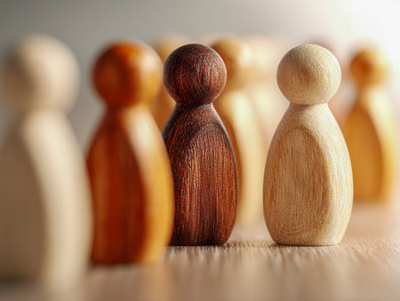 Wooden figures aligned uniformly with attention on two central pieces symbolizing inclusion and teamwork, set against a clean, neutral backdrop.の写真素材