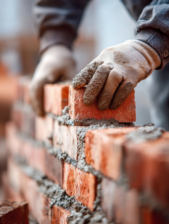 A skilled worker methodically arranges bricks, applying mortar with precision, as construction progresses on a durable wall, protected by gloves for safety.の写真素材
