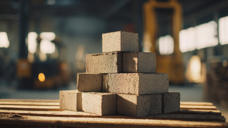A neat arrangement of pale concrete bricks resting on a wooden pallet, set against a blurred construction zone bathed in warm, golden evening sunlight.の写真素材