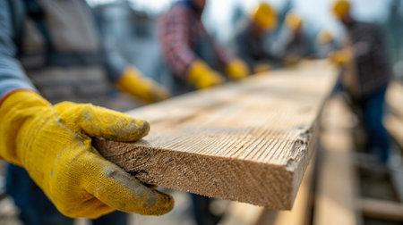 Workers in safety gear carefully examine a hefty timber piece amid a bustling construction zone, balancing precision and teamwork outdoors.の写真素材
