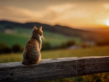 A peaceful rural setting where a contemplative feline perches on weathered timber, watching the warm hues of dusk settle over lush valleys and distant peaks.の写真素材