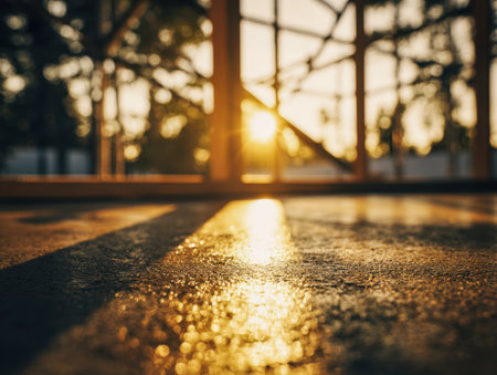 Warm rays of early morning or evening light filter softly through a nearby window, illuminating the textured surface below with gentle, elongated shadows in a tranquの写真素材
