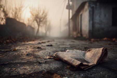 A misty dawn cloaks a deserted country lane, where a crumpled newspaper rests on the wet earth amid dilapidated structures and leafless trees fading into the fog.の写真素材