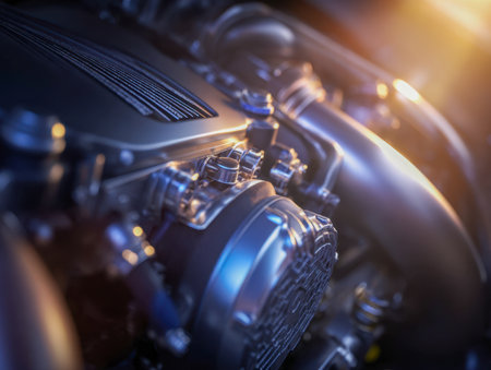 A close-up of a precision-engineered automotive heart, where gleaming metal parts catch the gentle glow of sunlight, revealing complex mechanical craftsmanship.の写真素材