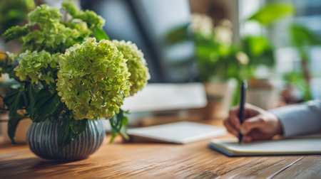A contemplative individual sketches ideas in a journal, surrounded by natural warmth from a wooden surface and accented by vibrant green hydrangeas in a simple vase.の写真素材