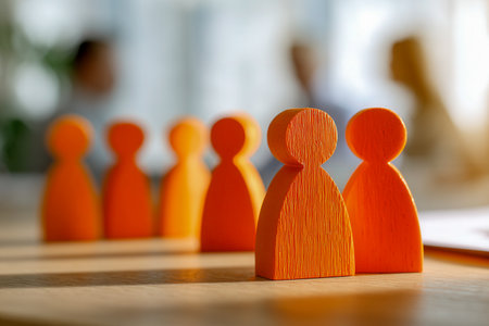 Vibrant orange wooden figures form a dynamic display, with two central figures emphasizing unity and shared purpose within a collaborative environment.の写真素材