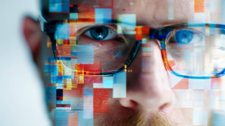 A man wearing glasses intently examines digital data projections, with vibrant geometric shapes illuminating his face, symbolizing modern tech and data analysis.の写真素材