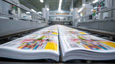 Brightly hued periodicals glide swiftly along a sleek conveyor in a cutting-edge printing plant, illuminated by vivid industrial lights amid sophisticated machinery.の写真素材