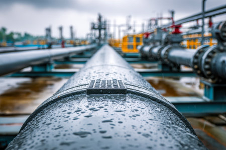 Shiny metallic conduits glisten with rain, extending endlessly across a vast outdoor complex beneath heavy gray skies, evoking a mood of industrial resilience and enの写真素材