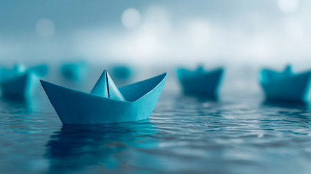 Tranquil azure origami vessels drift on smooth waters, their gentle presence enhanced by a blurred, luminous backdrop evoking serenity and introspection.の写真素材