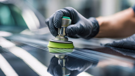 An expert mechanic in sleek black gloves delicately buffs a vehicle's exterior, using a cordless polisher to achieve a flawless, mirror-like finish.の写真素材
