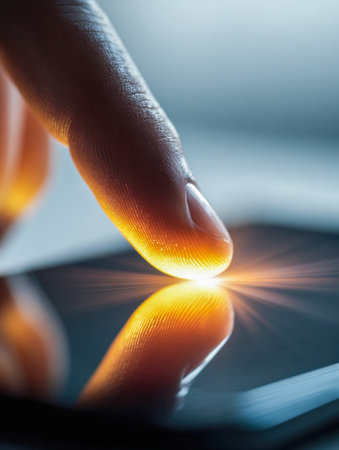 A delicate fingertip interacts with a mobile device, emitting a soft luminance that highlights seamless digital engagement and the promise of modern connectivity.の写真素材