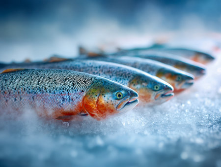 Vibrant, glistening trout with intricate scale patterns rest on a bed of crushed ice, inviting fresh catch freshness in a crisp, cool market setting.の写真素材