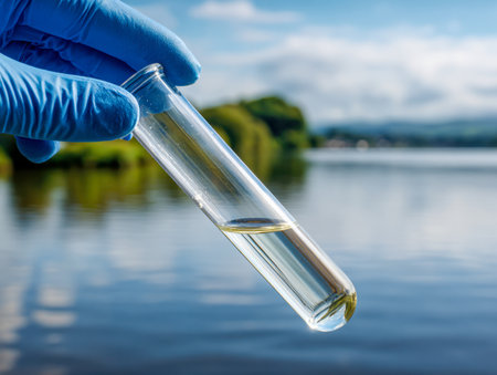 A researcher in protective blue gloves examines a clear water sample, set against a breathtaking backdrop of tranquil lake waters and lush forested hills.の写真素材