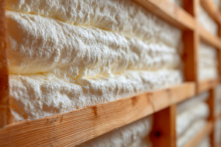 Foam sealant expands within a wooden frame, enhancing insulation and energy-saving qualities while preparing the structure for wall finishing.の写真素材