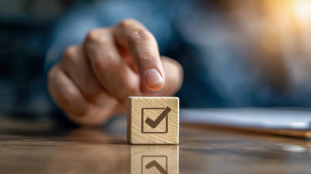 A hand gently presses a designed wooden tile featuring a check mark, symbolizing achievement, placed on a glossy wooden table with a softly blurred backdrop and warmの写真素材