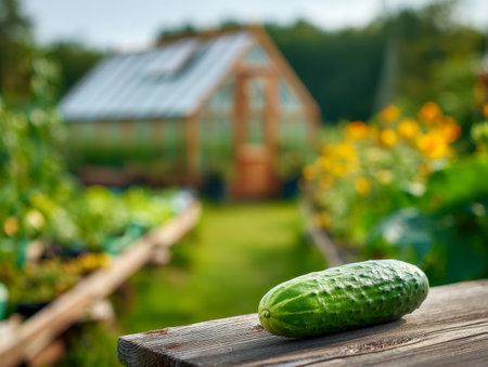 A crisp cucumber rests atop aged wooden planks, while a lively garden and glass greenhouse fade softly behind under a clear, sunlit sky in a peaceful rural landscapeの写真素材