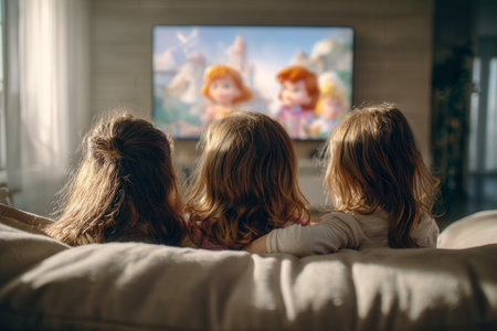 Three young friends cuddle on a plush sofa, immersed in a lively animated film amid a bright, inviting living space bathed in gentle sunlight.の写真素材
