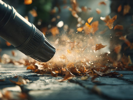 A gardener uses a leaf blower to sweep fallen autumn foliage off a textured stone walkway, creating a cloud of dust and particles basked in gentle sunlight.の写真素材