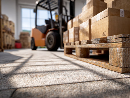 Sunlit warehouse scene featuring neatly arranged pallets with packed boxes and a forklift prepared for handling, casting gentle shadows on the polished concrete.の写真素材