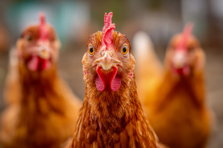 A inquisitive hen with striking eyes peers into the lens, while two gentle subjects softly fade behind, bathed in inviting golden hues of a rustic farm setting.の写真素材