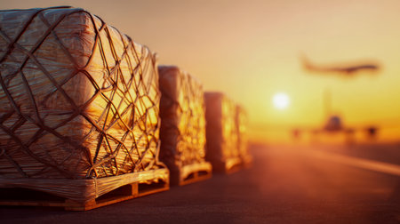 Sunset casts warm hues over tightly bound cargo pallets resting on a tarmac, with planes soaring and descending in a busy, vibrant airport scene.の写真素材