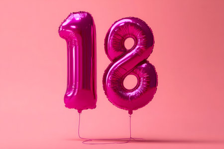Bright, glossy pink balloons forming the number eighteen drift softly against a muted blush backdrop, capturing the spirit of joyful celebration and milestone momentの写真素材