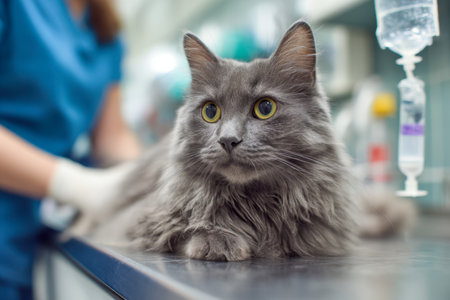 A serene long-haired gray feline resting quietly on a reflective metal surface, gently attended to as a softly blurred veterinary professional observes in the backgrの写真素材