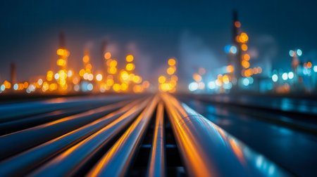 Bold metal conduits shimmer under colorful illumination, contrasting against a softly blurred skyline of glowing refinery towers, capturing the essence of urban enerの写真素材