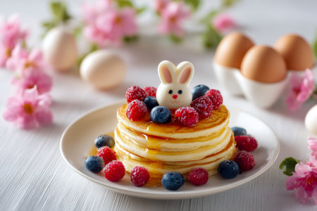 A cozy spring breakfast scene features layered pancakes drizzled with syrup, adorned with vibrant berries and a playful bunny-shaped white chocolate detail on a coloの写真素材