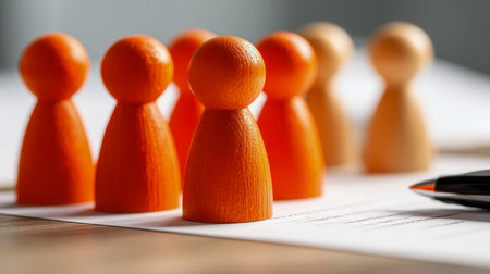 Colorful wooden tokens in vibrant orange and muted tones arranged to reflect unity and guidance, set against a soft-focus background of planning tools on a workspaceの写真素材