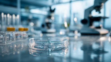 A clear glass dish rests on a well-lit lab surface, surrounded by scientific instruments and blurred microscopy instruments, evoking a modern research environment.の写真素材