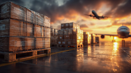 Sunset casts a warm glow over tightly stacked cargo pallets secured with plastic wrap, while bustling aircraft in the distance signal busy airport activity.の写真素材